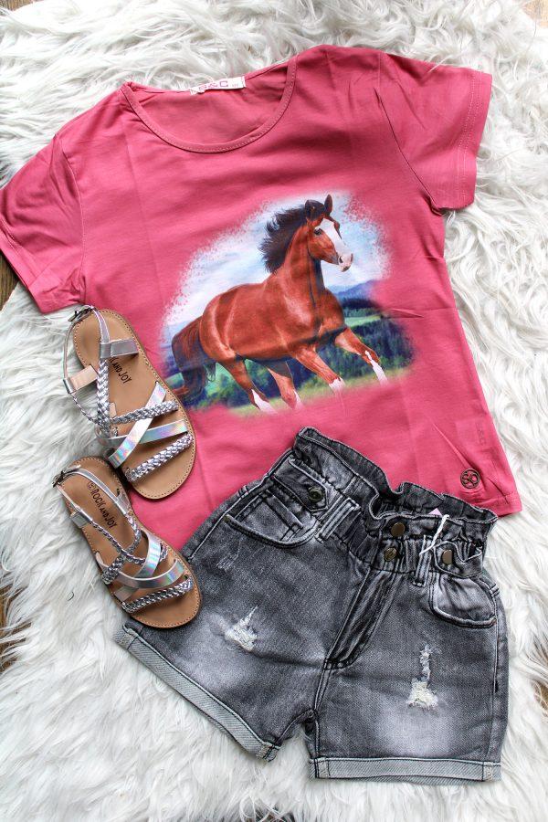 shirt pferd rosa, sandalen silber, hose girls denim grau