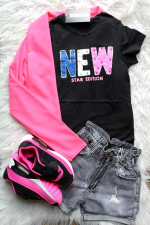 sneaker chichy schwarz, blazer pink flash, shirt new schwarz, hose girls denim grau